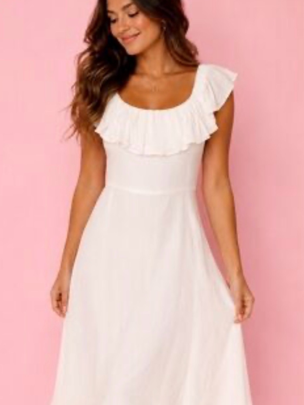 Betsey Johnson Size 6 White Ruffle Midi Dress Fit & Flare Cottagecore Romantic